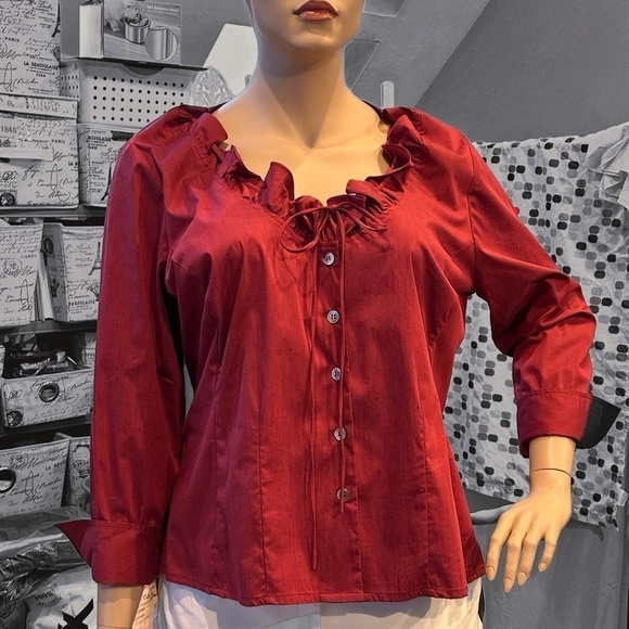 Igigi Aurelia Blouse Plus Size 22 Red Ruffled Neck Turn-Up Cuffs Button Up NWT - Picture 12 of 14